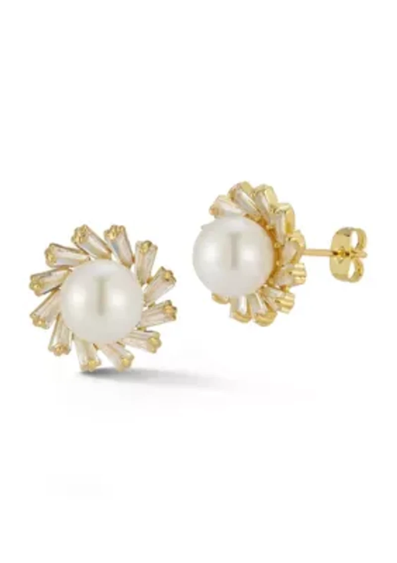 Cubic Zirconia Baguette Cut Pearl Stud Earrings