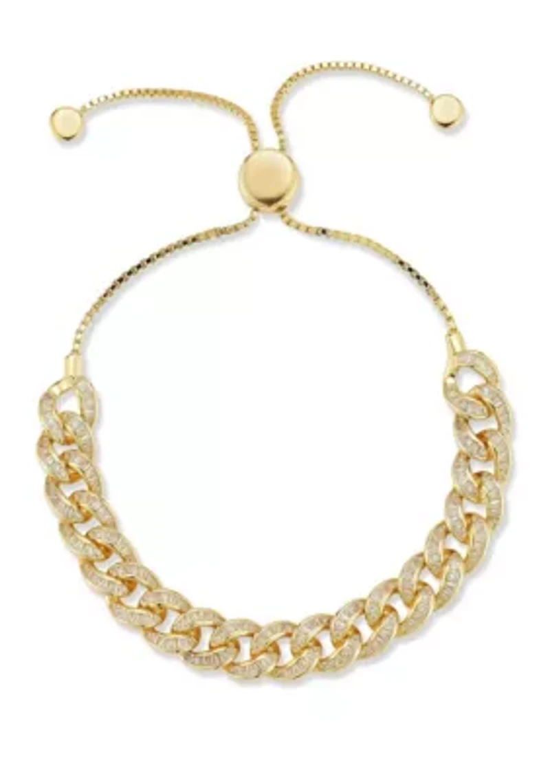 Sterling Silver Cubic Zirconia Curb Link Adjustable Bracelet