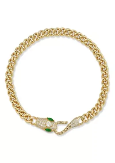 Sterling Silver Pave Cubic Zirconia Snake Head Curb Link Bracelet