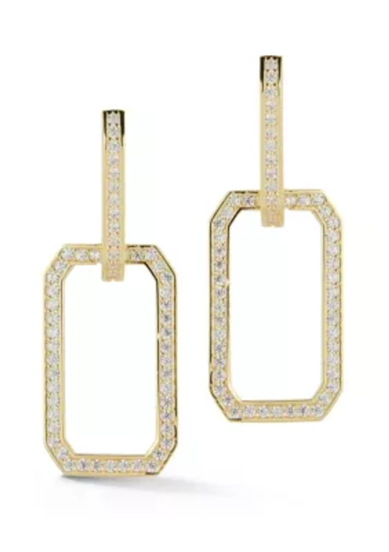 Sterling Silver Rectangle Pave Drop Hoop Earrings