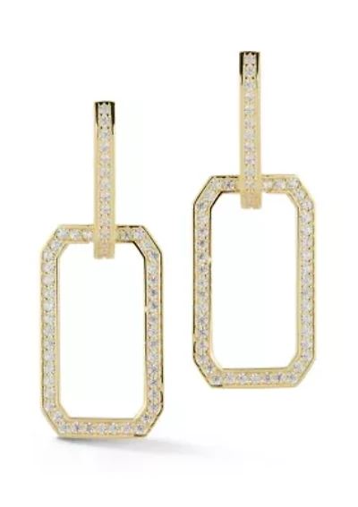 Sterling Silver Rectangle Pave Drop Hoop Earrings