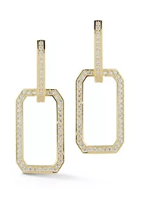 Sterling Silver Rectangle Pave Drop Hoop Earrings