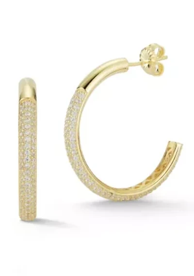 Sterling Silver Half Pave Hoop Earrings
