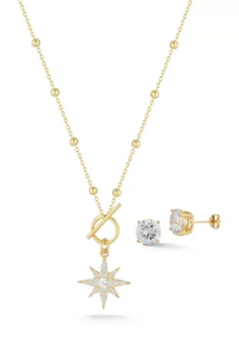 Sterling Silver Cubic Zirconia Toggle Clasp Star Necklace and Studs Set