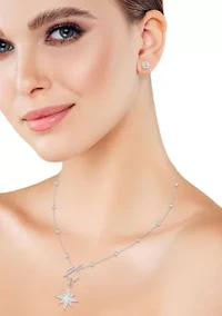 Sterling Silver Cubic Zirconia Toggle Clasp Star Necklace and Studs Set