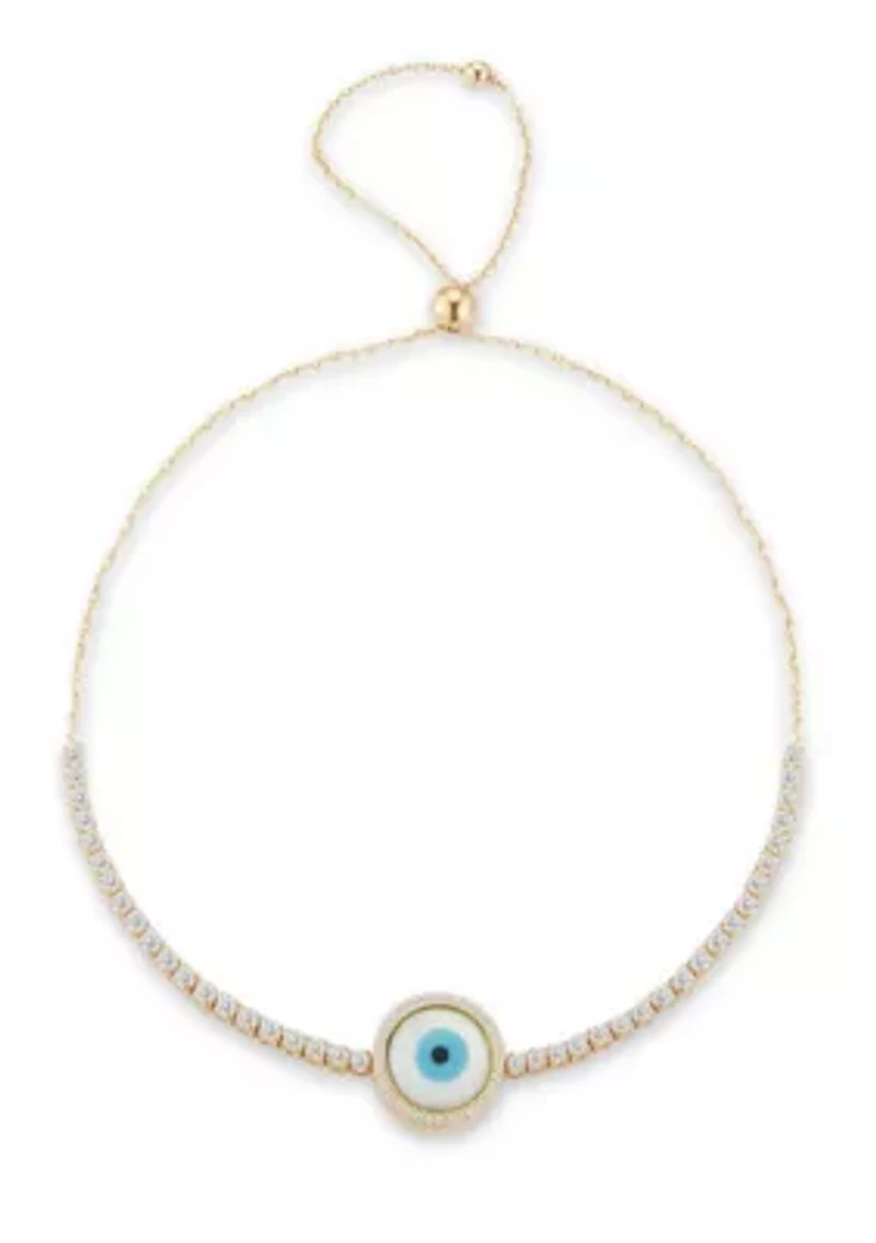 Sterling Silver Mother of Pearl Evil Eye Adjustable Tennis Bracelet