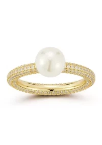 Sterling Silver Solitaire Freshwater Pearl Pave Band Ring