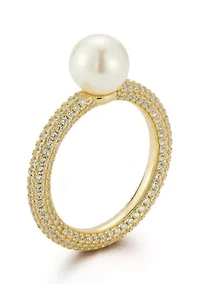 Sterling Silver Solitaire Freshwater Pearl Pave Band Ring