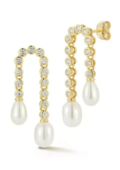 Sterling Silver Pearl Hanging Tennis Drop Earrings with Cubic Zirconia