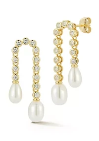 Sterling Silver Pearl Hanging Tennis Drop Earrings with Cubic Zirconia