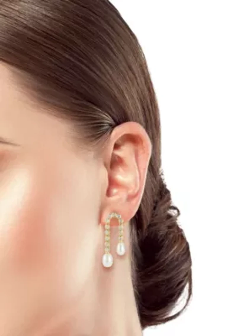 Sterling Silver Pearl Hanging Tennis Drop Earrings with Cubic Zirconia