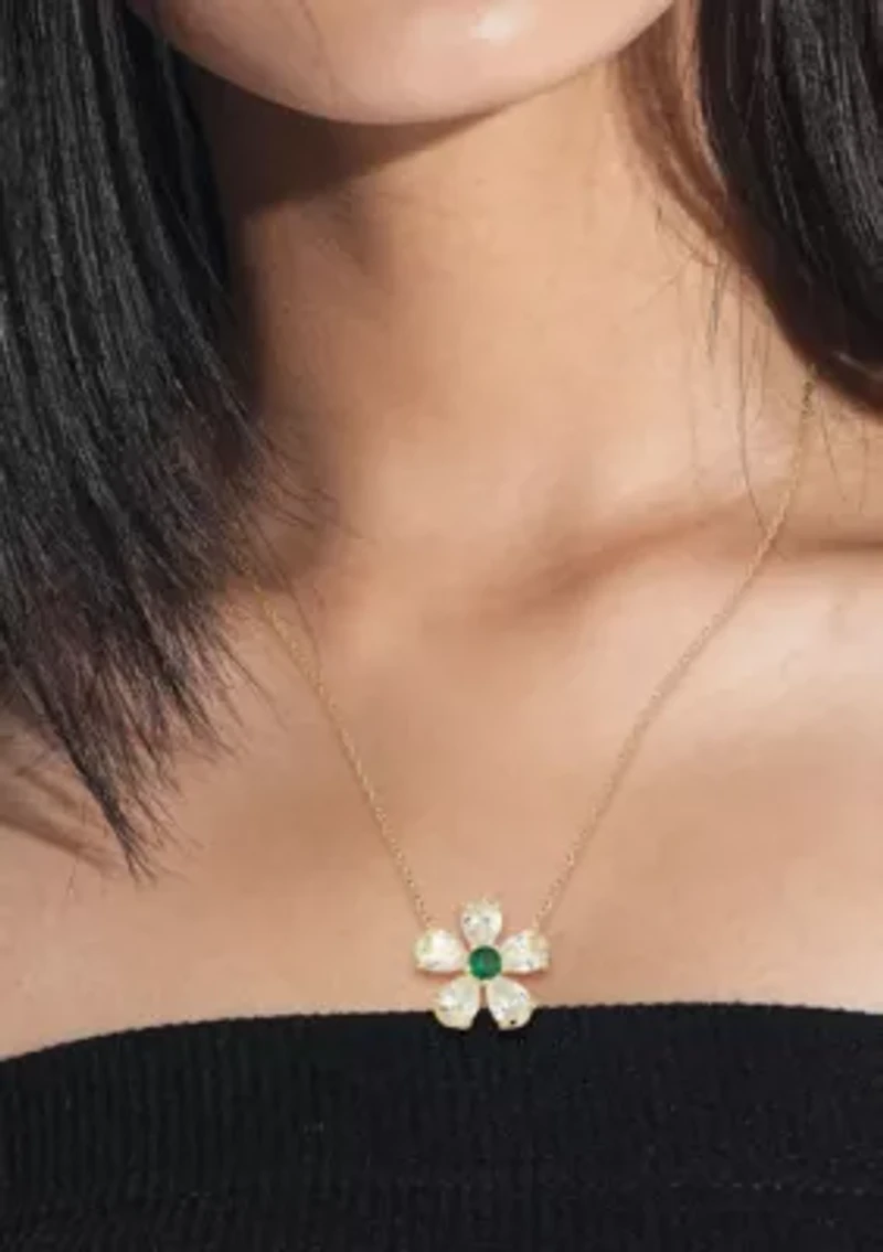 Sterling Silver Cubic Zirconia Green and White Flower Necklace