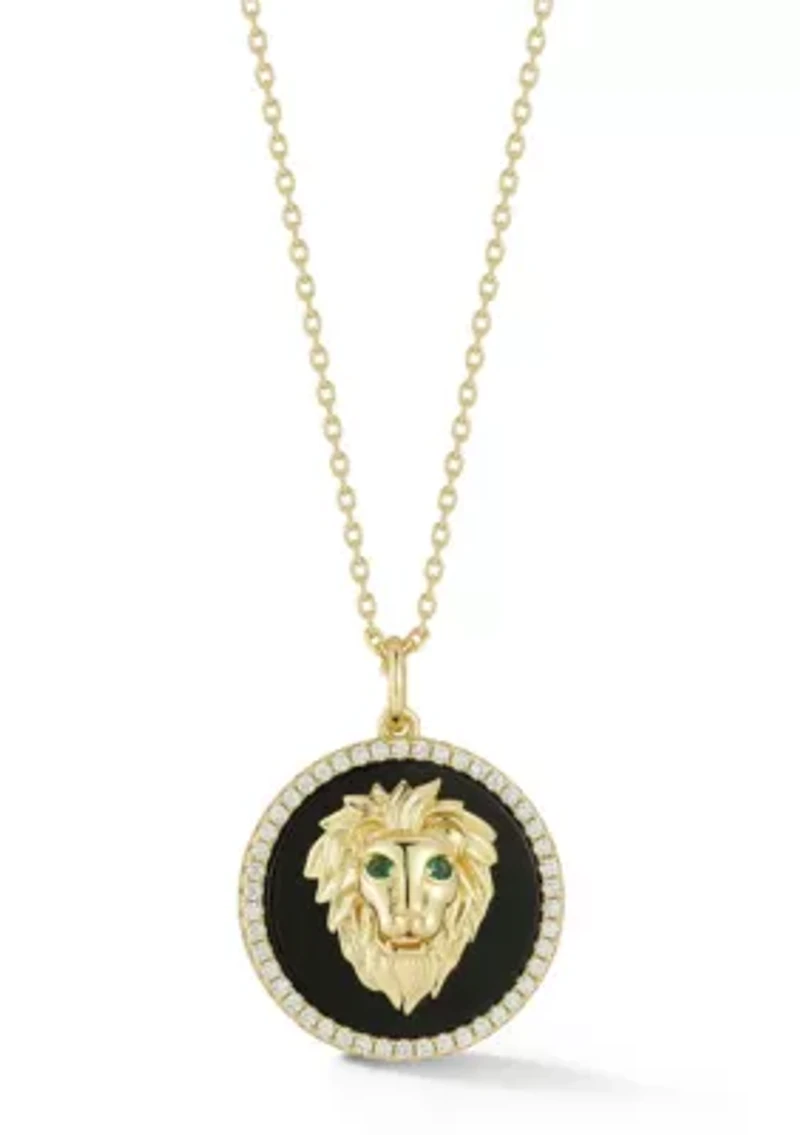 Sterling Silver Black Agate CZ 3D Lion Head Medallion Necklace