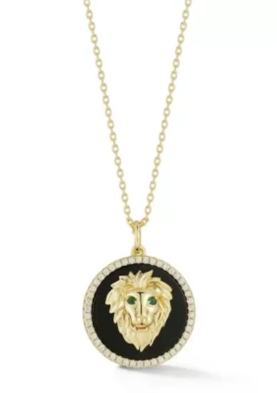 Sterling Silver Black Agate CZ 3D Lion Head Medallion Necklace