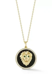 Sterling Silver Black Agate CZ 3D Lion Head Medallion Necklace