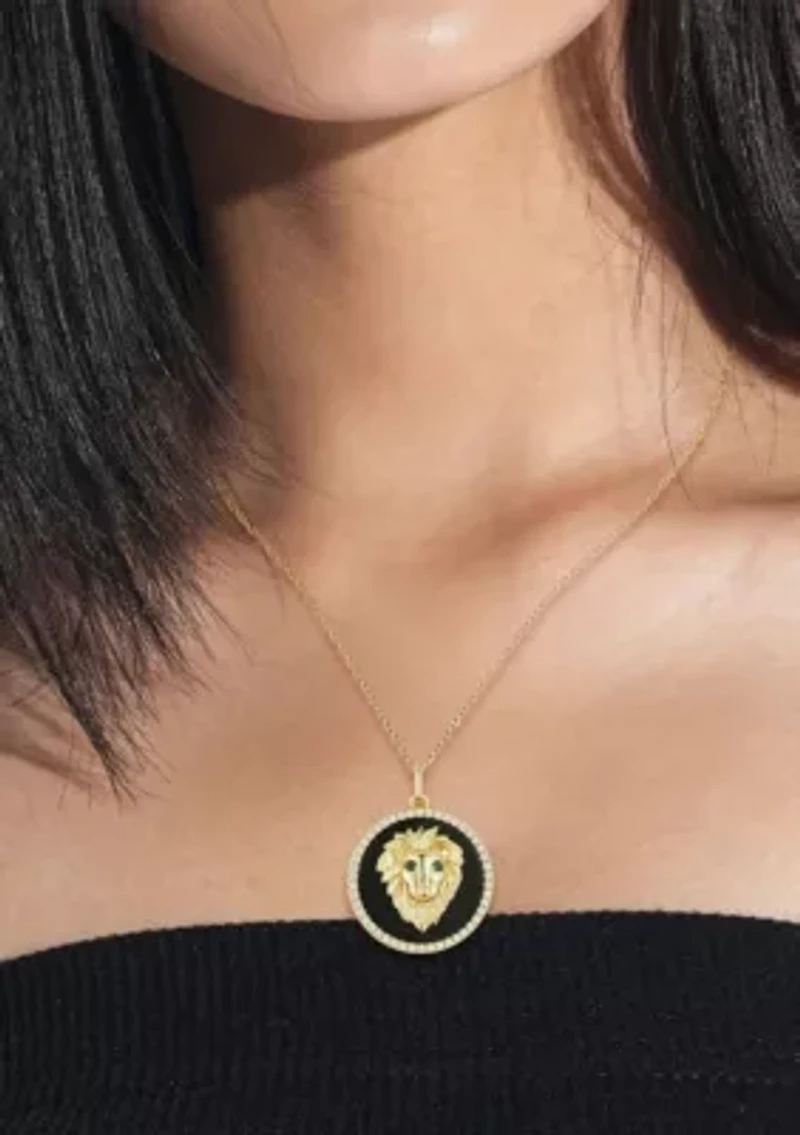 Sterling Silver Black Agate CZ 3D Lion Head Medallion Necklace