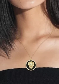 Sterling Silver Black Agate CZ 3D Lion Head Medallion Necklace