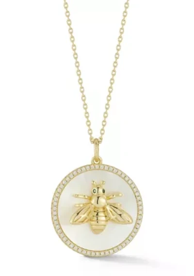 Sterling Silver Mother of Pearl CZ 3D Bee Medallion Necklace