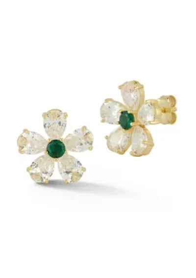Sterling Silver Green and White Cubic Zirconia Flower Studs