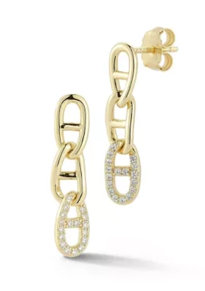 Sterling Silver Cubic Zirconia Triple Mariner Link Dangle Earrings