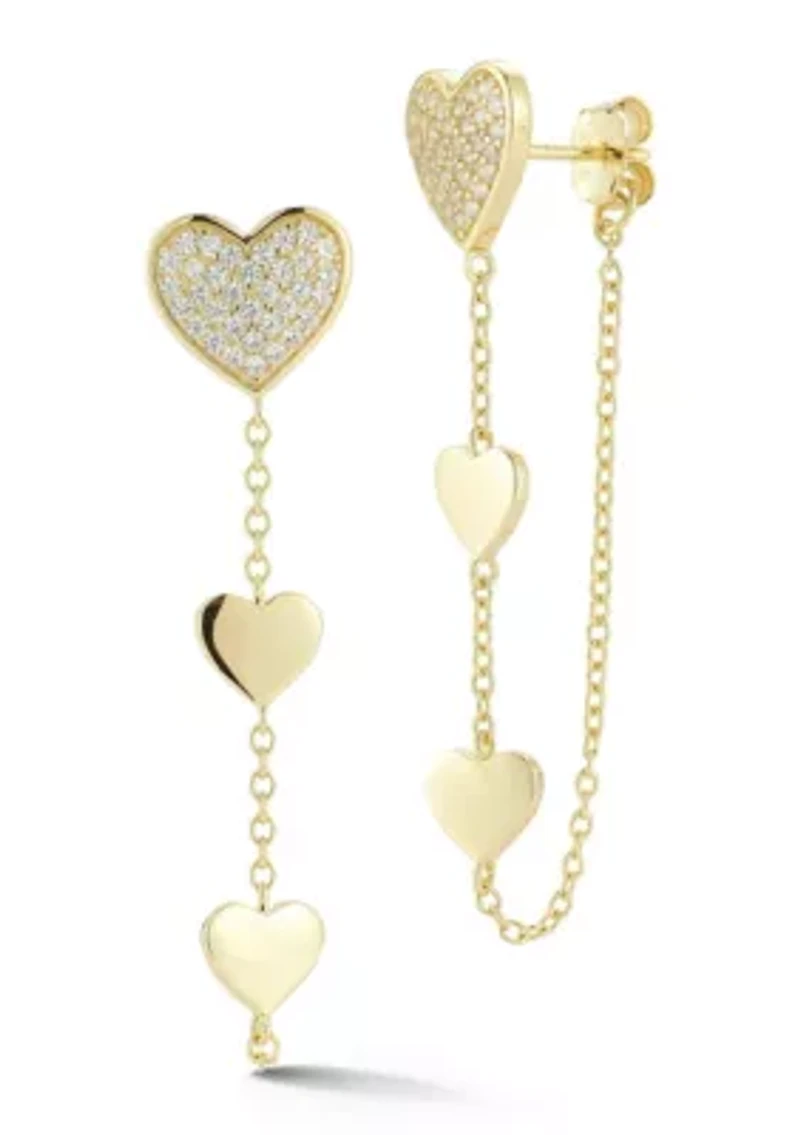 Sterling Silver Pave Triple Heart Front/Back Dangle Earrings