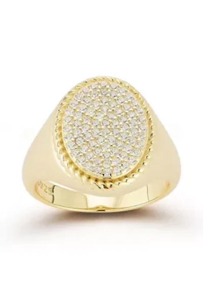 Sterling Silver Cubic Zirconia Pave Oval Shaped Signet Ring