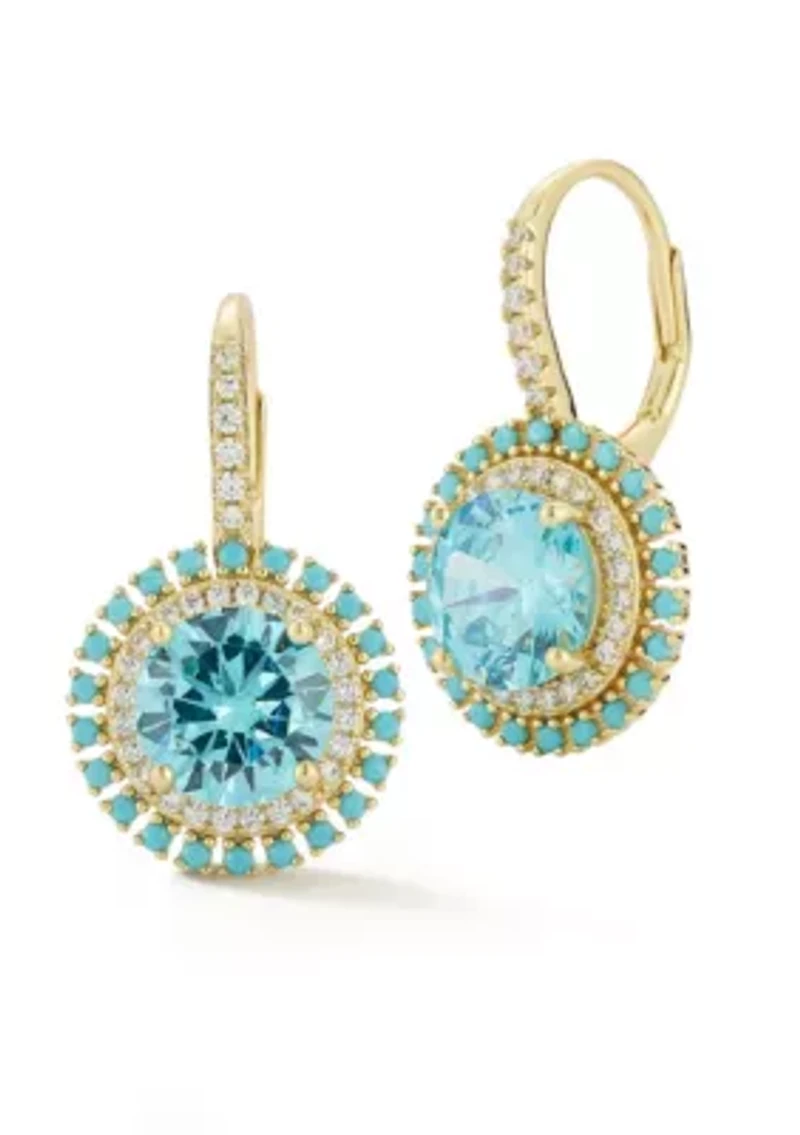 Sterling Silver Cubic Zirconia and Lab Created Turquoise Halo Drop Earrings