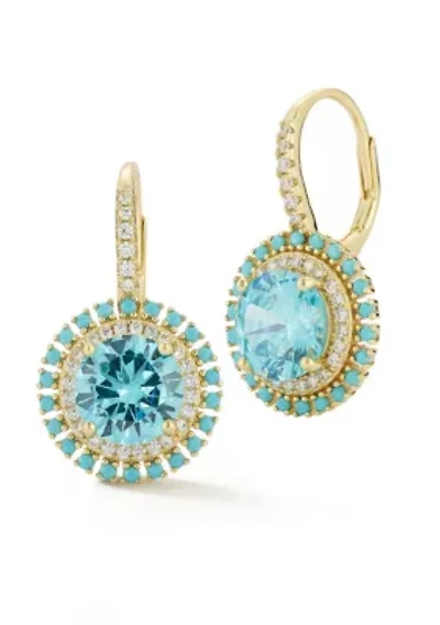 Sterling Silver Cubic Zirconia and Lab Created Turquoise Halo Drop Earrings