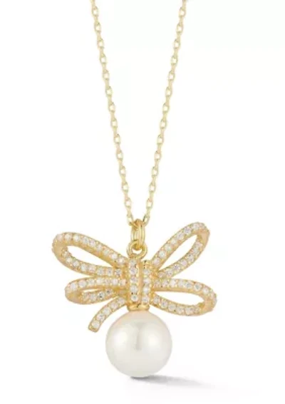 Sterling Silver Pearl and Cubic Zirconia Bow Pendant Necklace