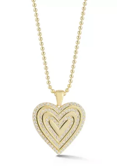 Sterling Silver Cubic Zirconia Heart Pendant Necklace with Ball Chain