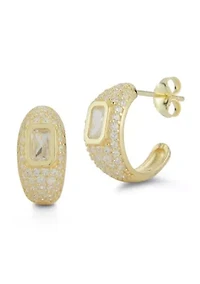 Sterling Silver Pave Emerald Cut Hoop Earrings