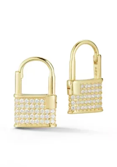 Sterling Silver Pave Padlock Huggie Hoop Earrings