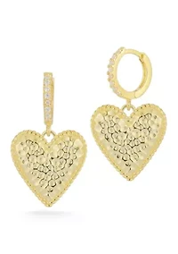 Sterling Silver Pave Textured Heart Charm Huggie Hoop Earrings