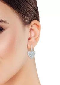 Sterling Silver Pave Textured Heart Charm Huggie Hoop Earrings