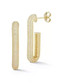 Sterling Silver Pave Elongated J Hoop Earrings