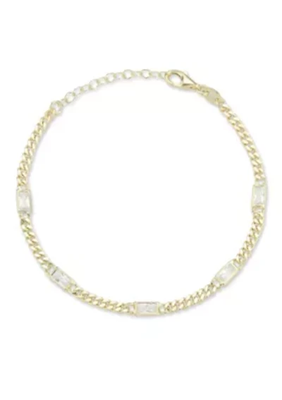 Sterling Silver Baguette Cut Cubic Zirconia Curb Chain Bracelet