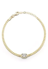 Sterling Silver Emerald Cut CZ Curb Chain Bracelet