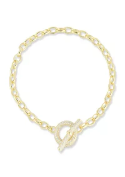 Sterling Silver Pave Toggle Clasp Oval Chain Bracelet