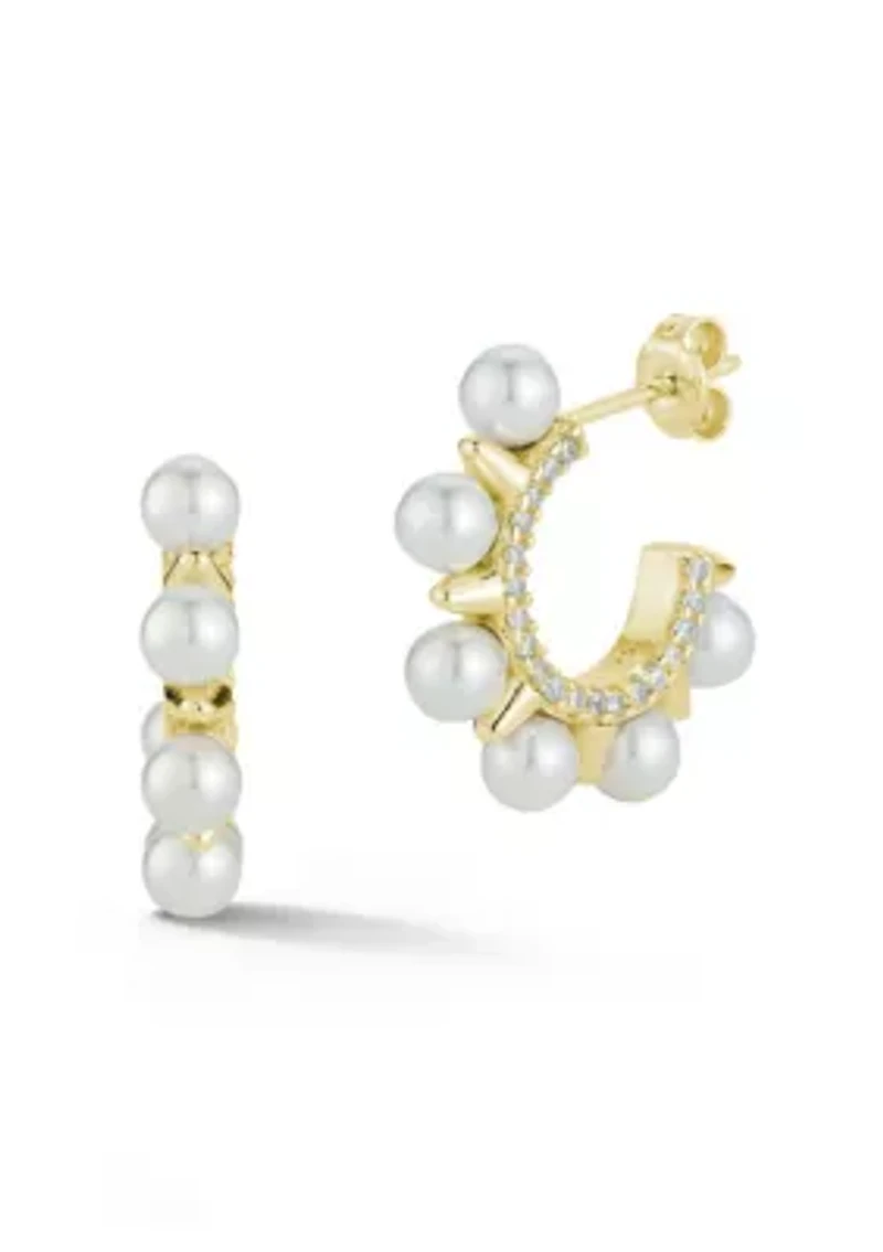 Sterling Silver Pearl and CZ Spike Hoop Earrings