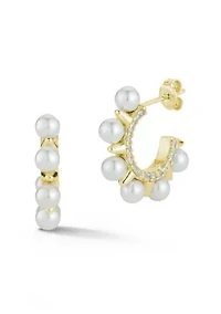 Sterling Silver Pearl and CZ Spike Hoop Earrings