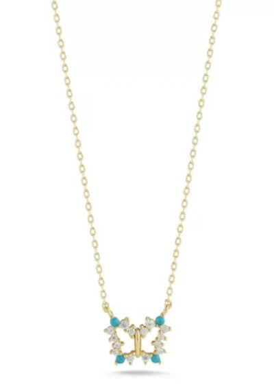 Sterling Silver CZ and Synthetic Turquoise Dainty Butterfly Pendant Necklace