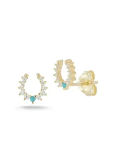 Sterling Silver CZ and Synthetic Turquoise Dainty Horseshoe Stud Earrings