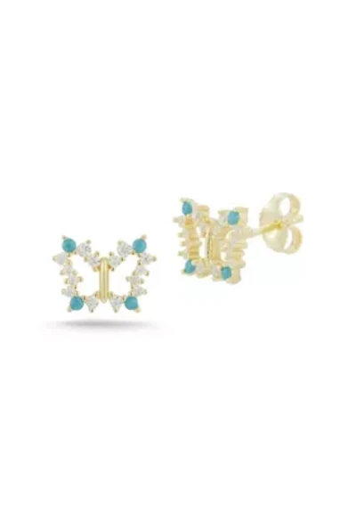 Sterling Silver CZ and Synthetic Turquoise Butterfly Stud Earrings