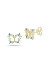 Sterling Silver CZ and Synthetic Turquoise Butterfly Stud Earrings