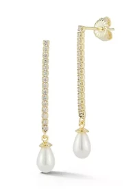 Sterling Silver Pearl and CZ Tennis Drop Earrings