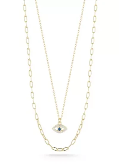 Sterling Silver CZ Double Layer Eye Pendant Necklace