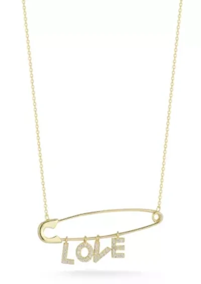 Sterling Silver CZ "Love" Safety Pin Pendant Necklace