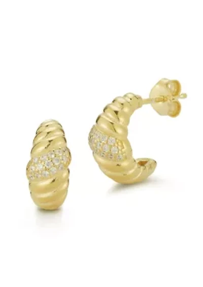 Sterling Silver Cubic Zirconia Crossiant Small Hoop Earrings