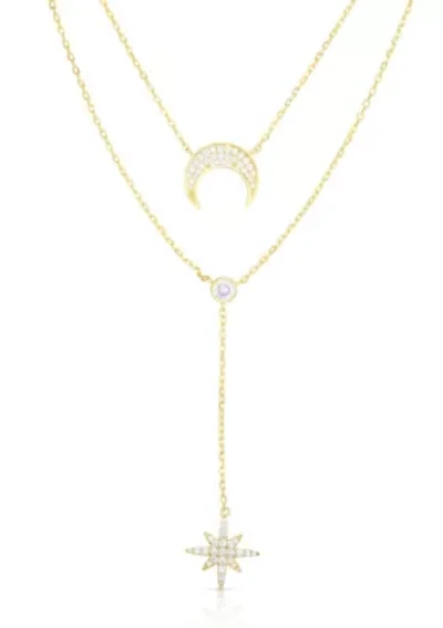 Sterling Silver CZ Double Layer Celestial Lariat Necklace