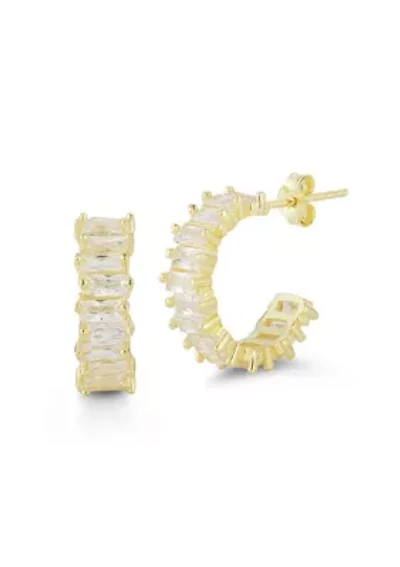 Sterling Silver Baguette Cut CZ C Hoop Earrings